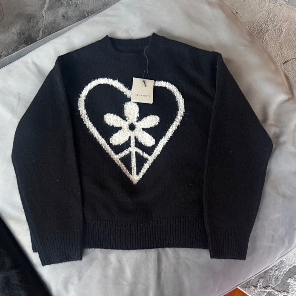 All Saints Black Sweater with White Heart and Flower Motif